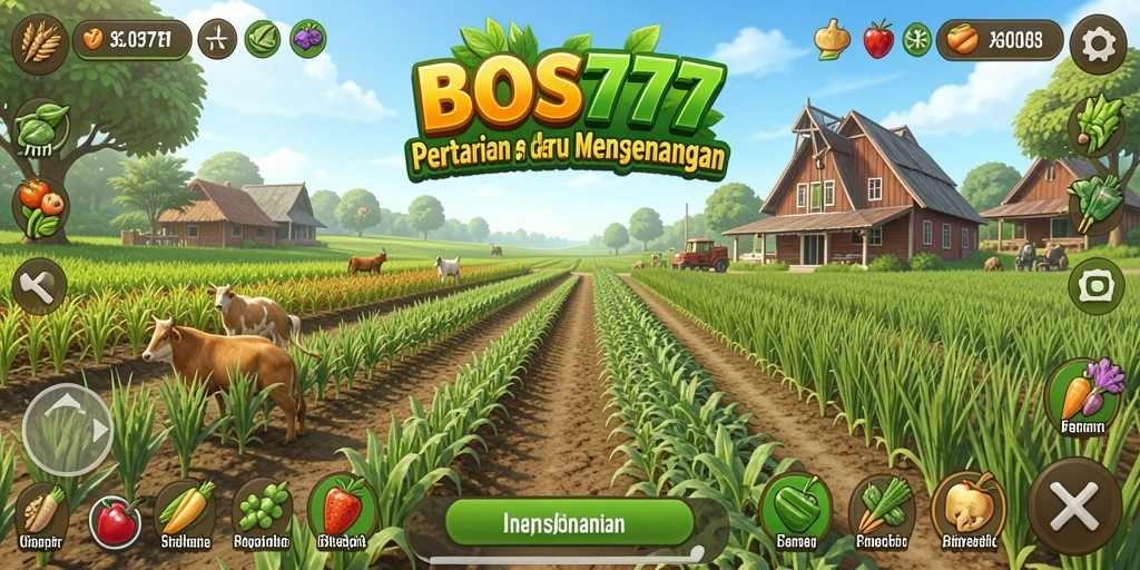 Gameplay menarik dalam BOS777 dengan ladang yang subur dan hewan ternak.