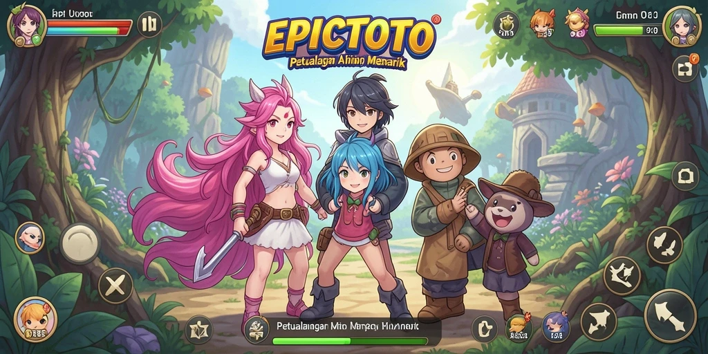 Screenshot menampilkan petualangan seru dalam EPICTOTO dengan karakter Anime.