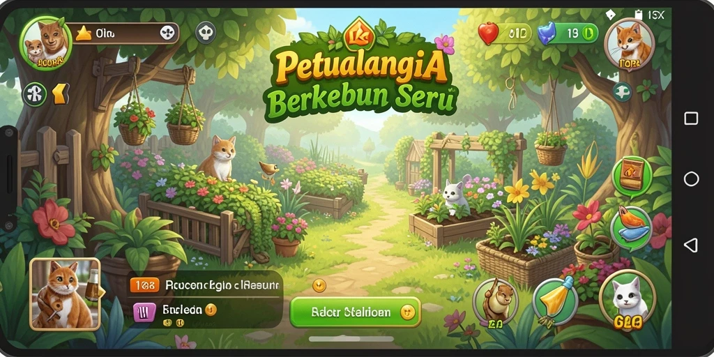 Screenshot utama LUCKYTOPIA menunjukkan kebun yang subur dan interaksi antar pemain.
