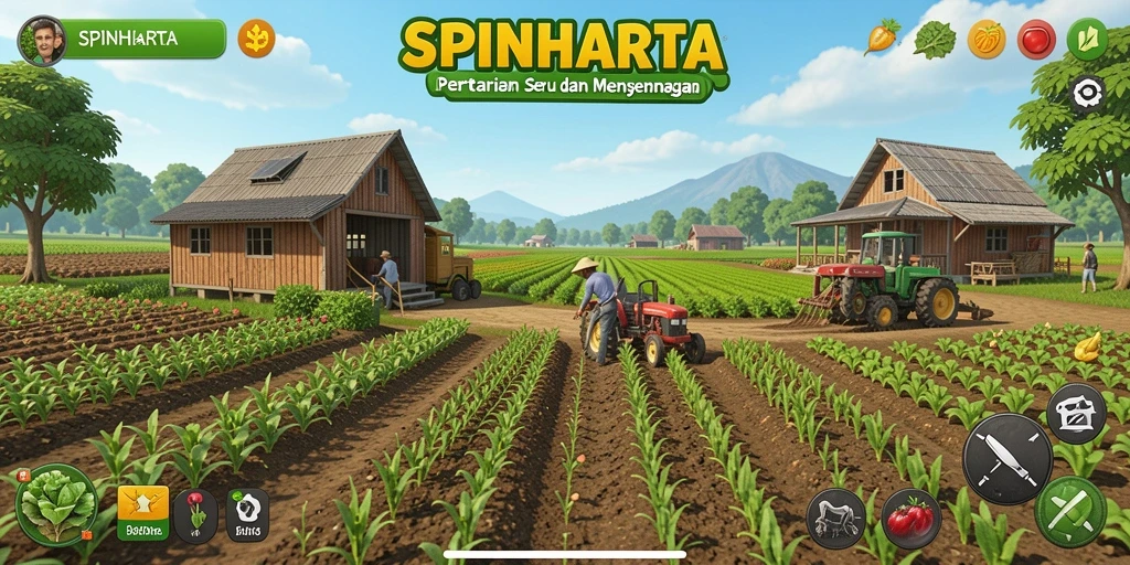 Tampilan gameplay SPINHARTA yang menampilkan aktivitas pertanian yang seru.